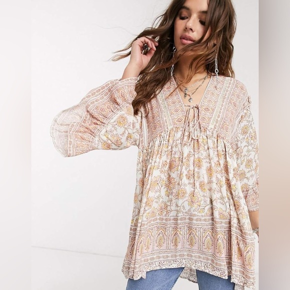 Free People - Moonlight Dance Floral V Neck Boho 3/4 Sleeve Blouse Size Small - Picture 1 of 12